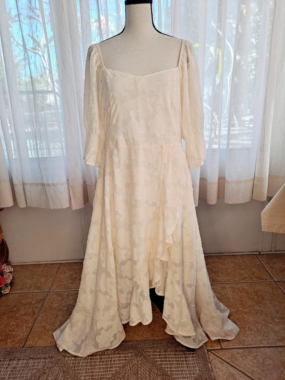 Shyanne Cream Asymmetrical Floral Sheer Sleeve Dress